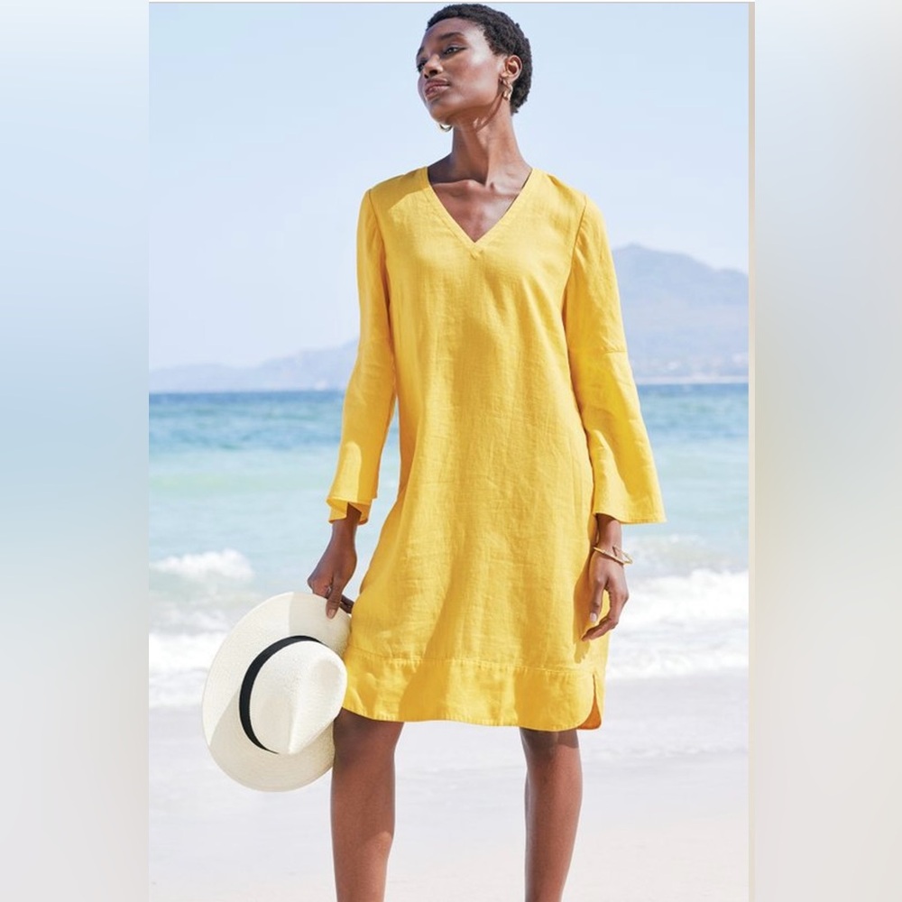 Bright Yellow Linen Cotton Dress V Neck Bell Long Sleeves